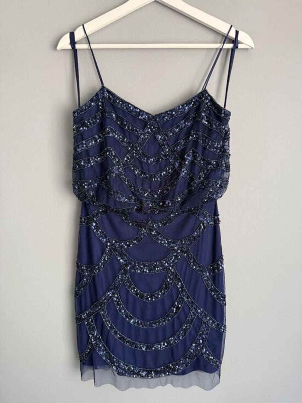Aidan Mattox Women's 0 Navy Sequin Beaded Mini Dress Glam Statement Cocktail
